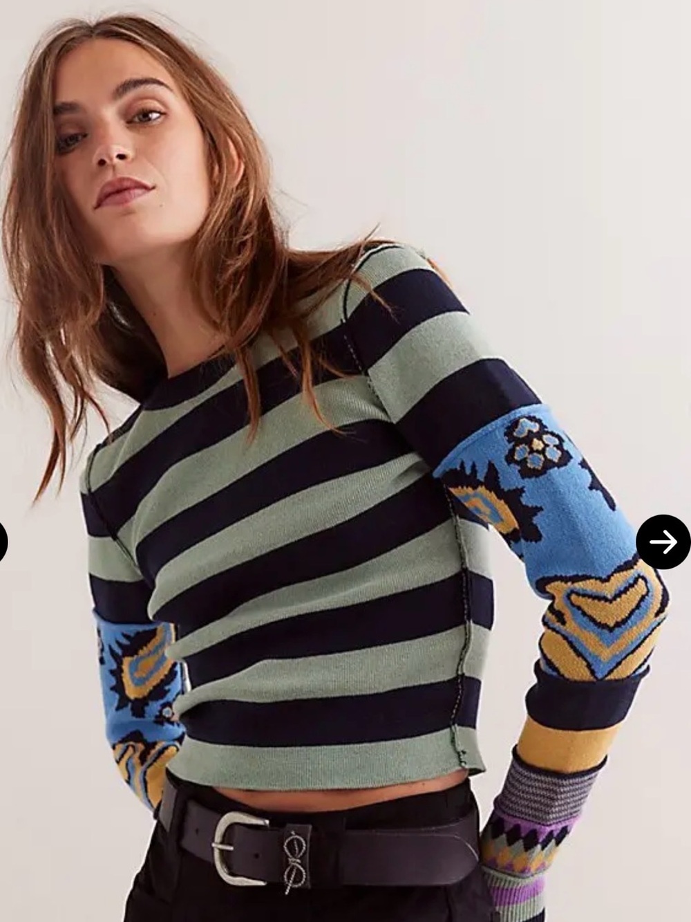 FREE PEOPLE  We The Free Vintage Crush Cuff With Thumb Holes Mint/ Navy X-Small